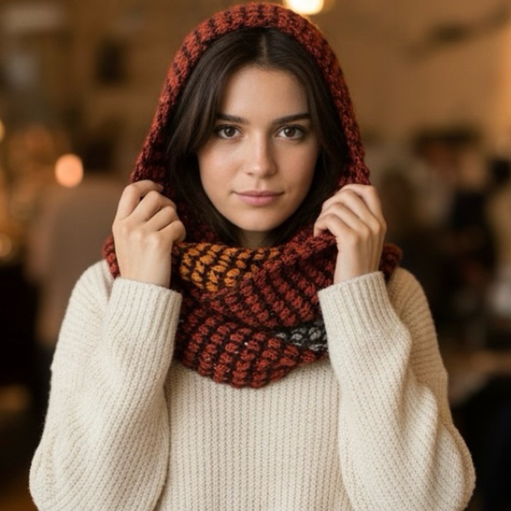 Chunky Multicolor Knit Scarf | Red Orange Black